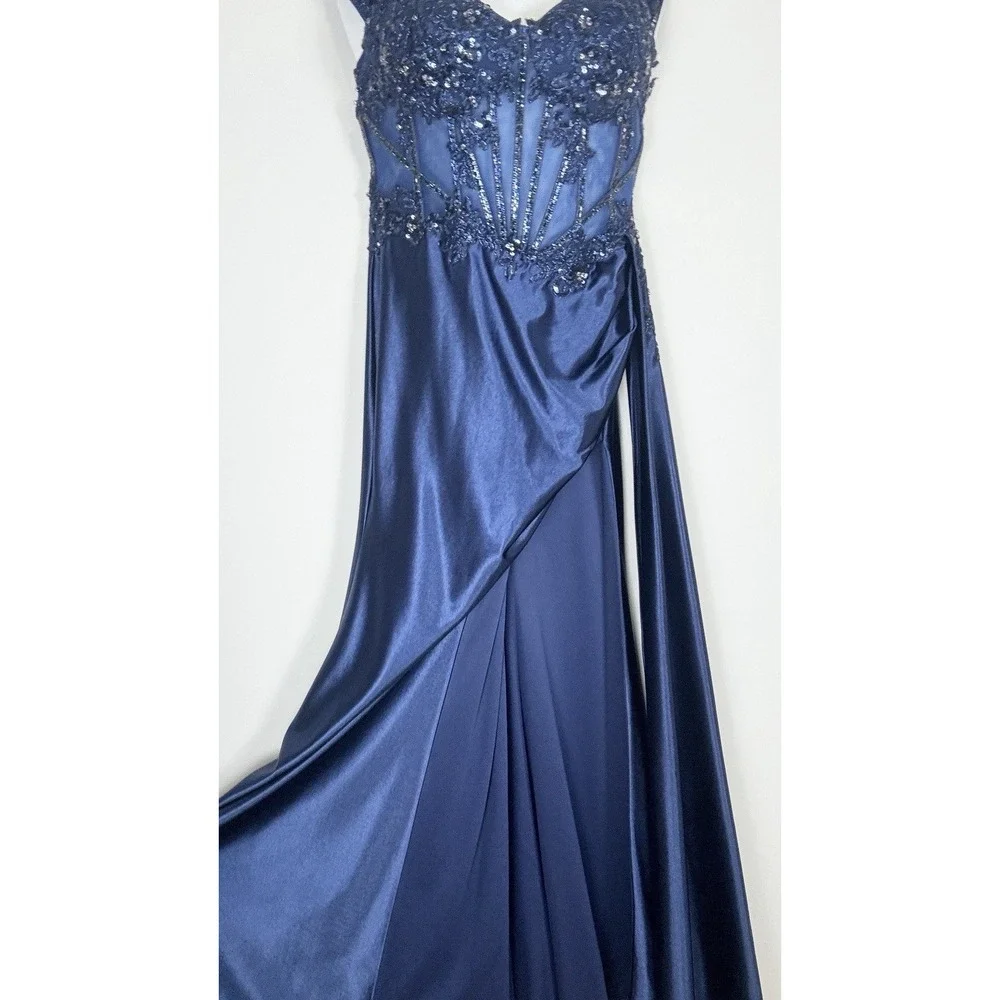 Stacey's Navy Satin Blue Beaded Off The Shoulder Prom Dress W/ Dramatic Slit Med